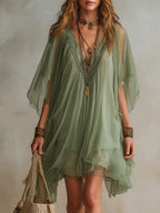 Mini Dress Women Sheer Chiffon Layered Tiered Boho Flowy V Neck