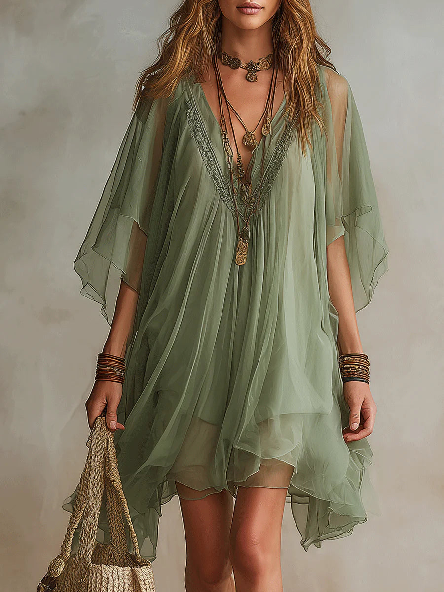 Mini Dress Women Sheer Chiffon Layered Tiered Boho Flowy V Neck