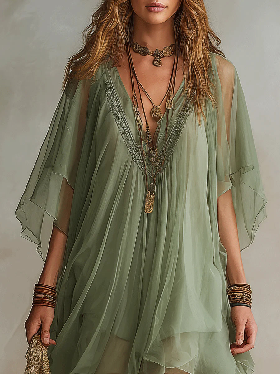Mini Dress Women Sheer Chiffon Layered Tiered Boho Flowy V Neck