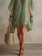 Mini Dress Women Sheer Chiffon Layered Tiered Boho Flowy V Neck