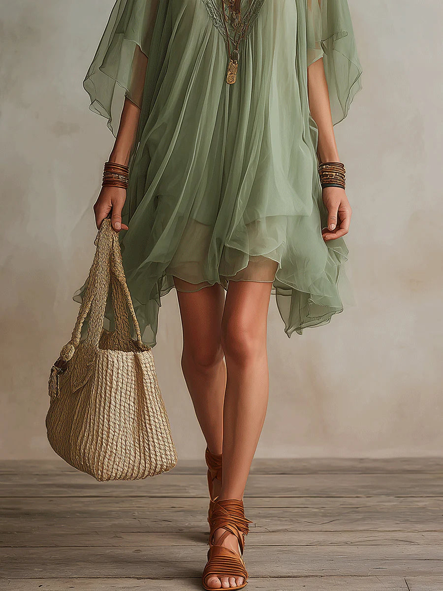 Mini Dress Women Sheer Chiffon Layered Tiered Boho Flowy V Neck