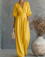 Ondina | Women's Wide-Leg Jumpsuit | V-Neck, Belted Waist | Elegant