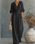 Ondina | Women's Wide-Leg Jumpsuit | V-Neck, Belted Waist | Elegant