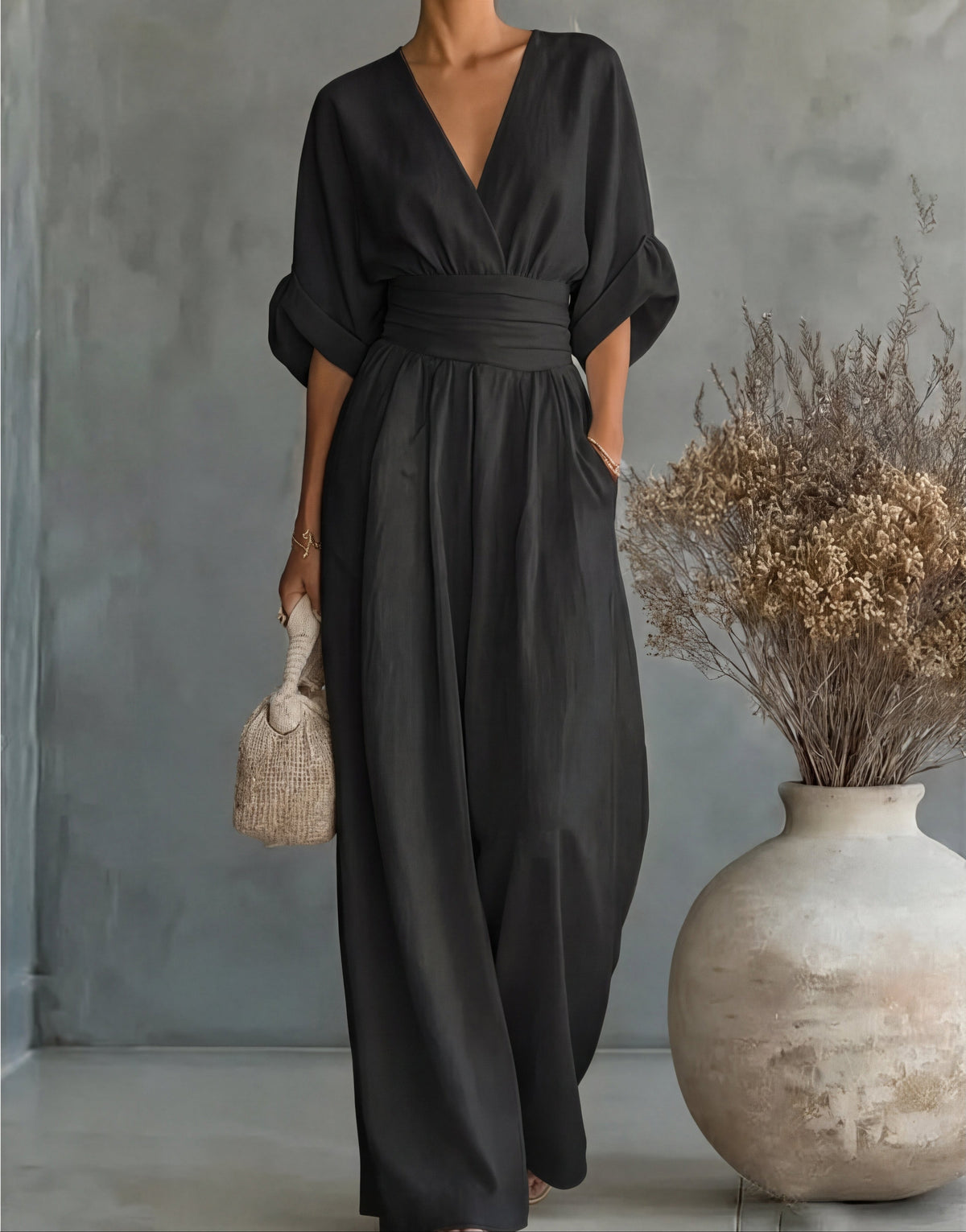 Ondina | Women's Wide-Leg Jumpsuit | V-Neck, Belted Waist | Elegant