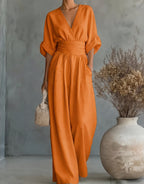 Ondina | Women's Wide-Leg Jumpsuit | V-Neck, Belted Waist | Elegant