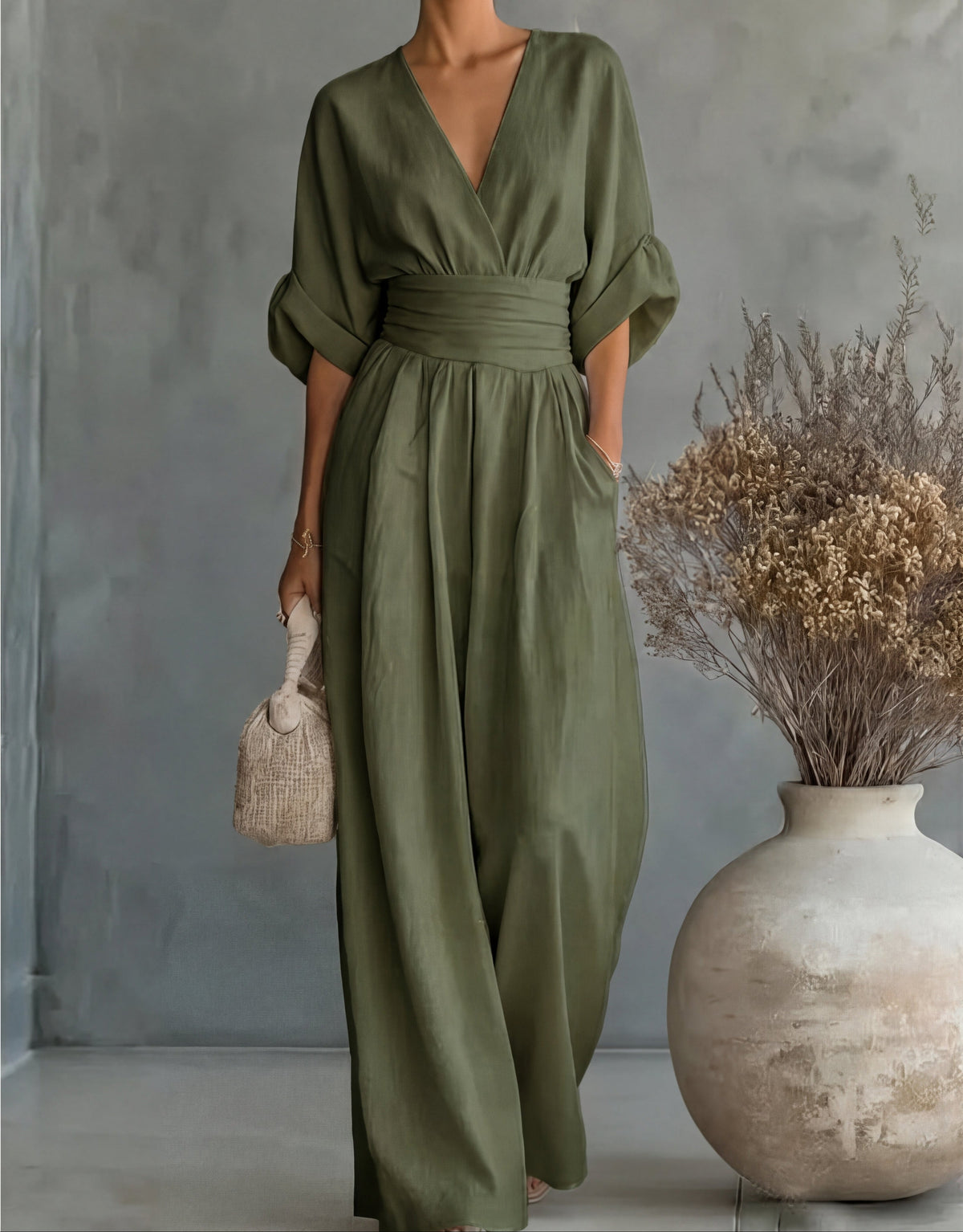 Ondina | Women's Wide-Leg Jumpsuit | V-Neck, Belted Waist | Elegant