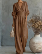 Ondina | Women's Wide-Leg Jumpsuit | V-Neck, Belted Waist | Elegant