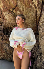 Women Chunky Knit Pullover One Shoulder Bow Detail
