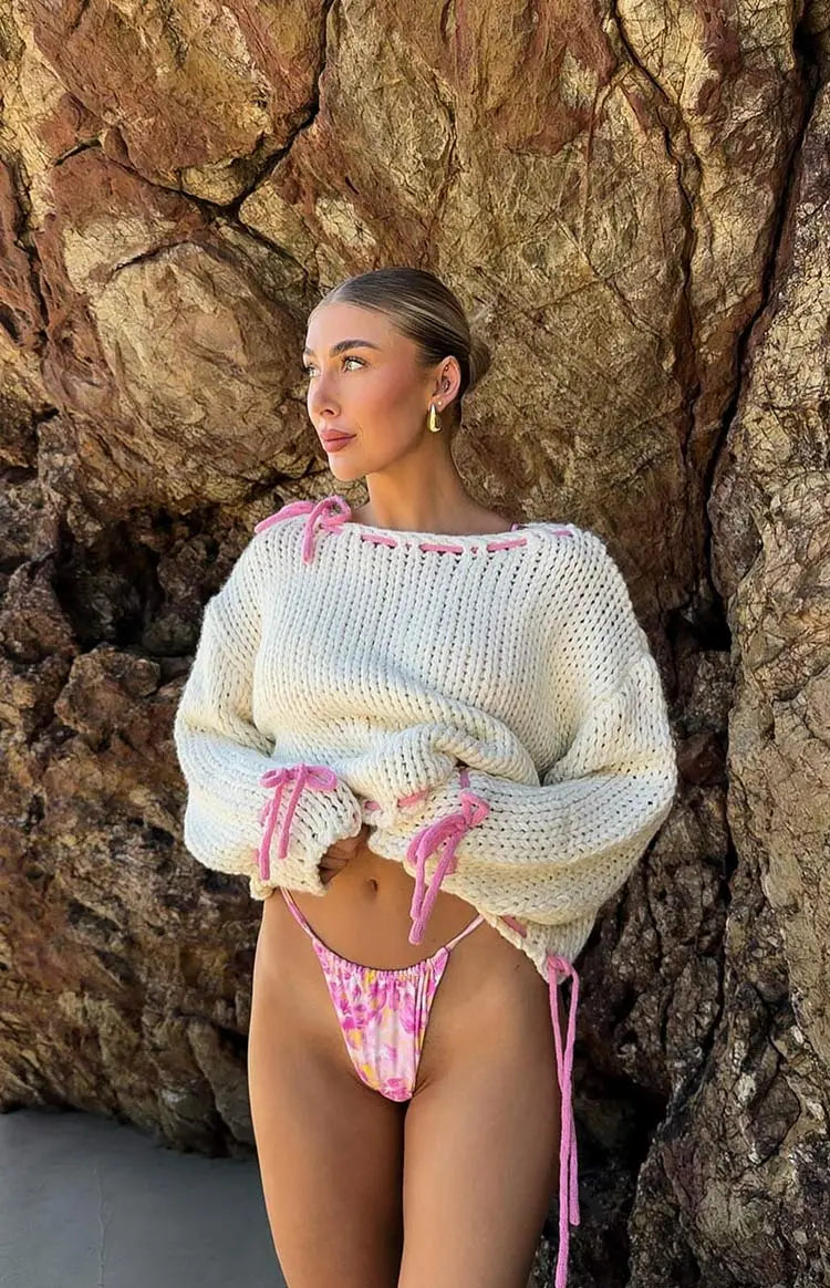 Women Chunky Knit Pullover One Shoulder Bow Detail