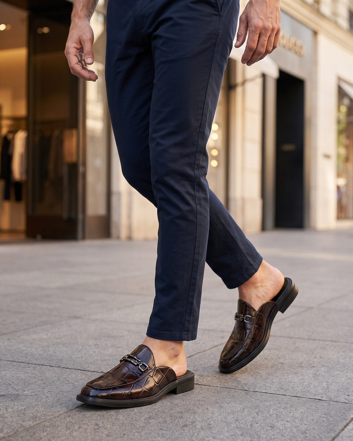 Mens Mules | Faux Leather Closed Toe | Cushioned Footbed | Flat Sole