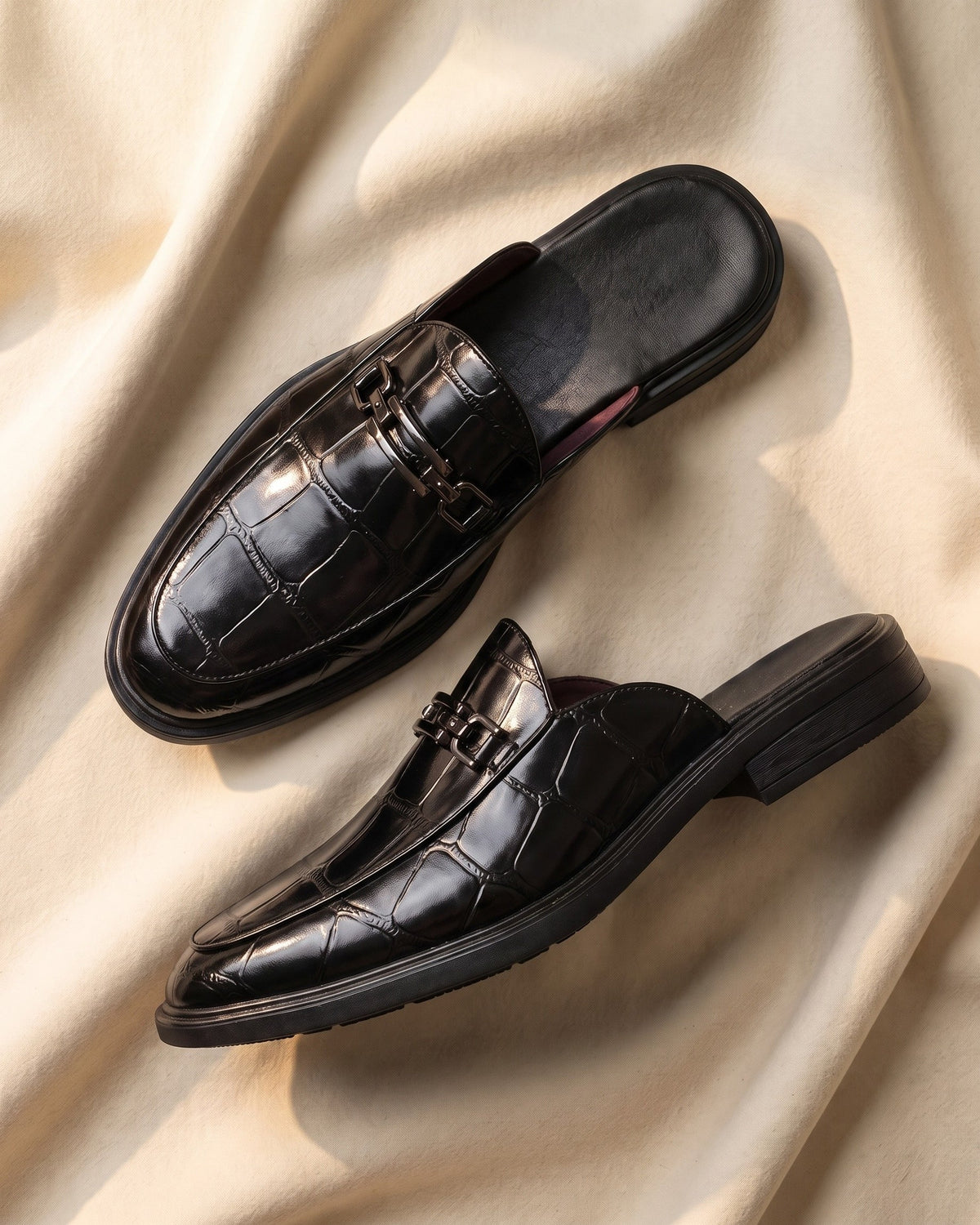 Mens Mules | Faux Leather Closed Toe | Cushioned Footbed | Flat Sole