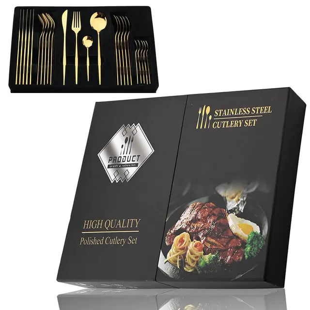 Kira | Cutlery Set 24 Piece | Stainless Steel, Gold Accent | Black, White, Rose