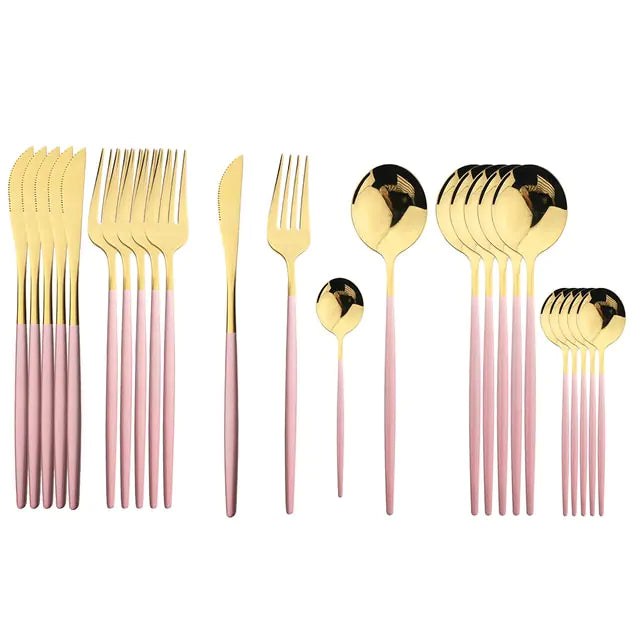 Kira | Cutlery Set 24 Piece | Stainless Steel, Gold Accent | Black, White, Rose