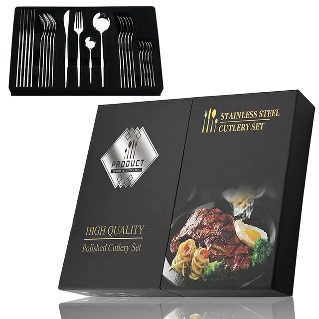 Kira | Cutlery Set 24 Piece | Stainless Steel, Gold Accent | Black, White, Rose
