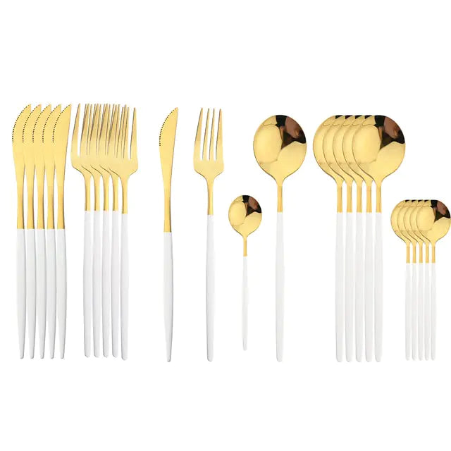 Kira | Cutlery Set 24 Piece | Stainless Steel, Gold Accent | Black, White, Rose