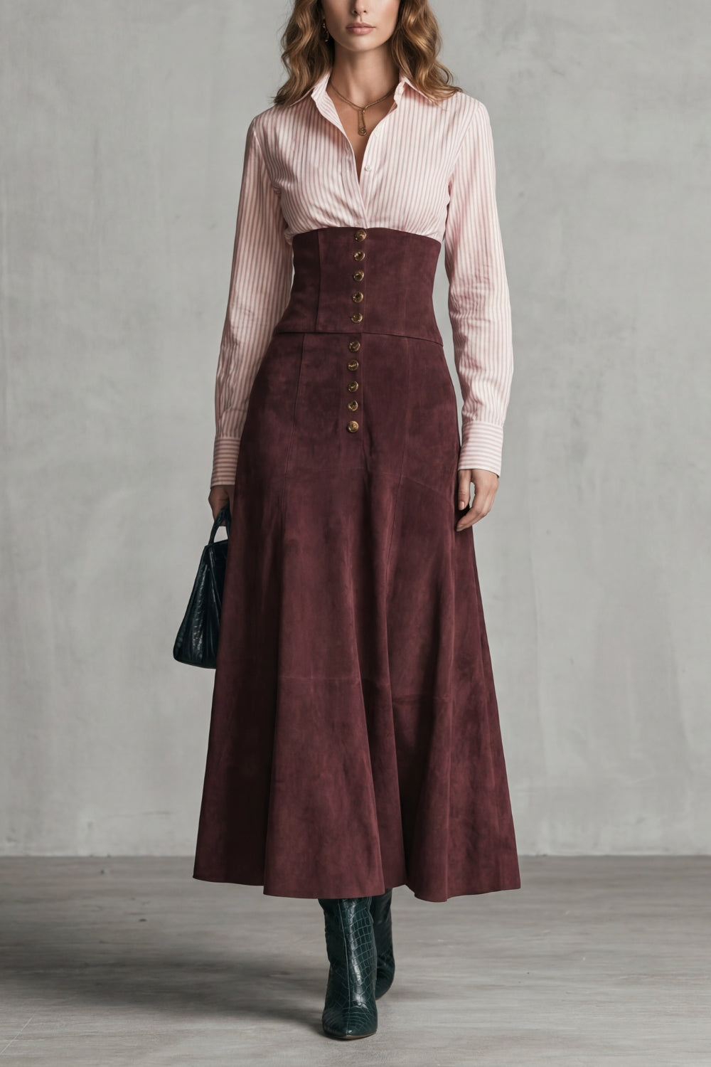 Maxi Skirt Women Deep Red A Line Corset Waist Button Front