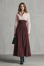 Maxi Skirt Women Deep Red A Line Corset Waist Button Front
