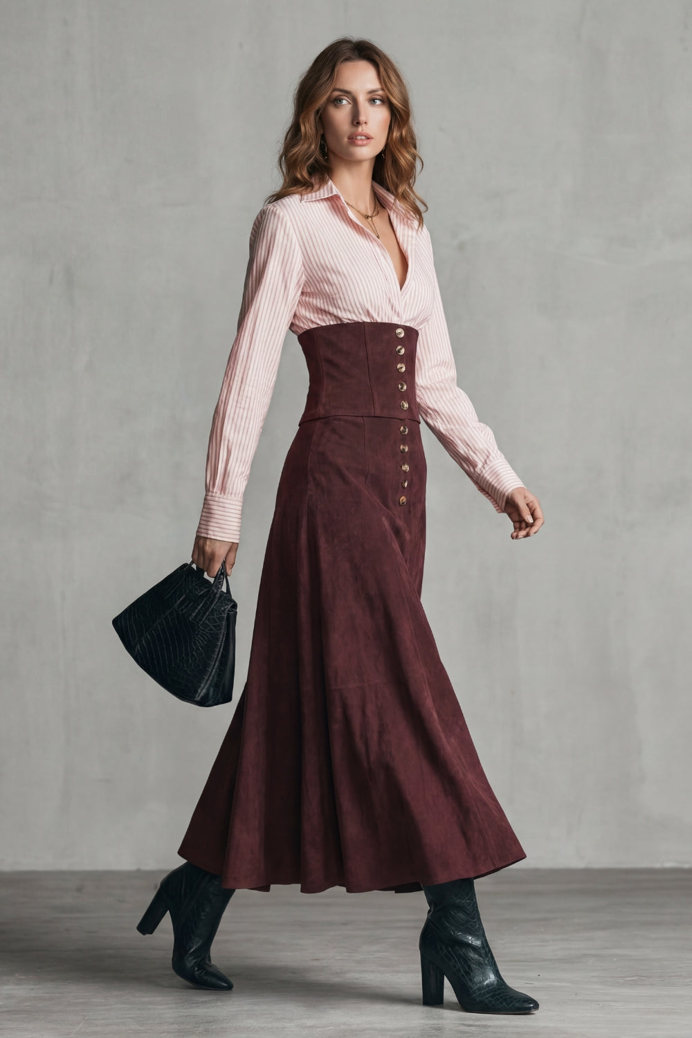 Maxi Skirt Women Deep Red A Line Corset Waist Button Front