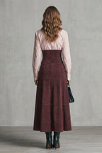 Maxi Skirt Women Deep Red A Line Corset Waist Button Front