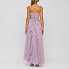 Women Halter Neck Ruffle Maxi Dress High Low Hem