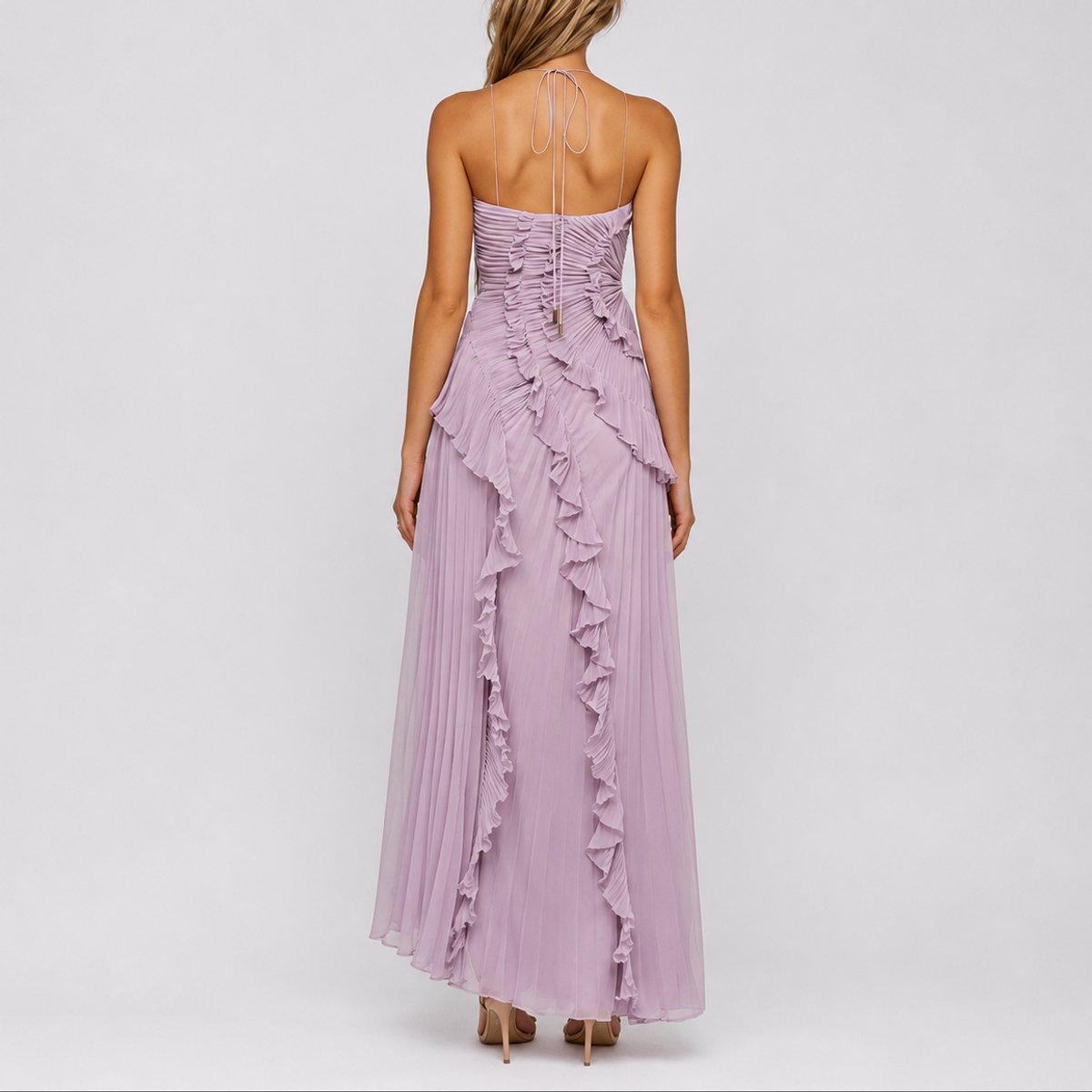 Women Halter Neck Ruffle Maxi Dress High Low Hem