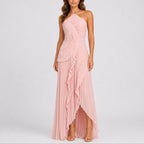 Women Halter Neck Ruffle Maxi Dress High Low Hem