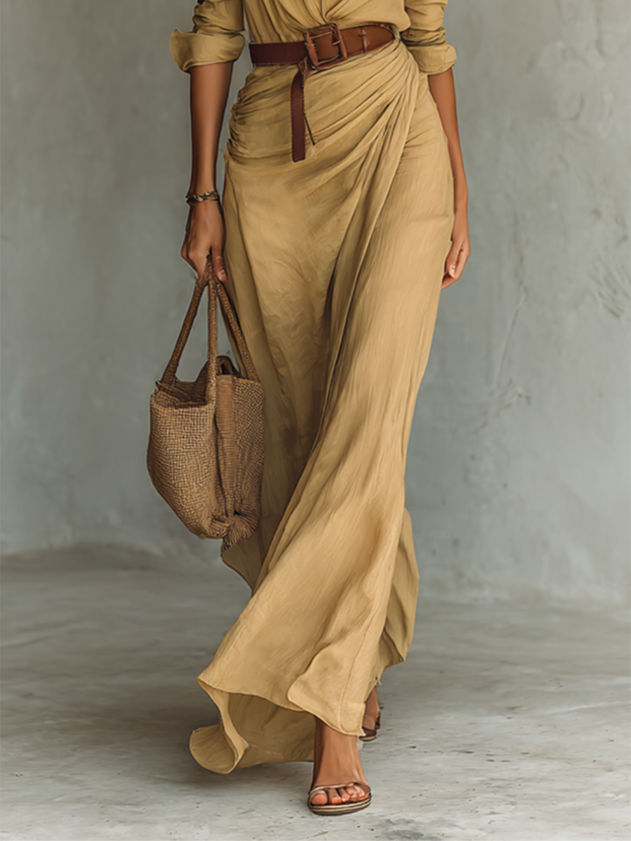 Thea | Maxi Dress | Lapel V-Neck, Belted Waist, Long Sleeve | Cotton Tencel