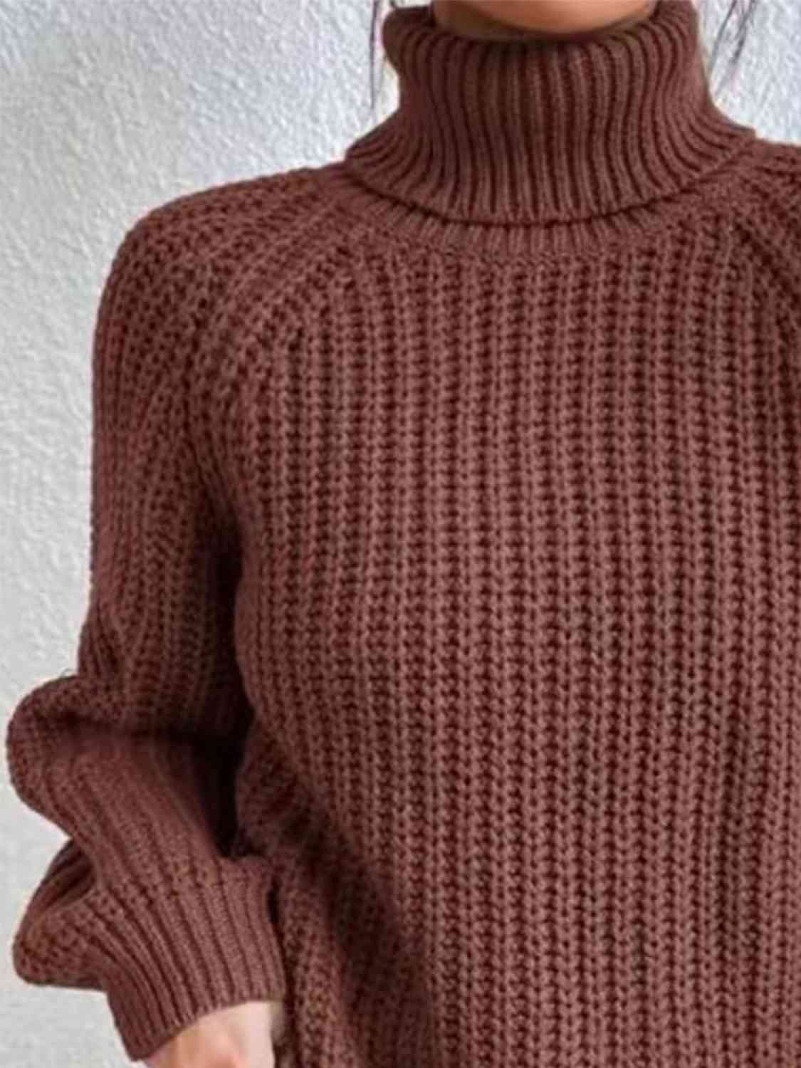 Women Ribbed Knit Turtleneck Sweater Side Slit