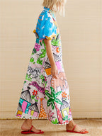 Galia | Midi Dress | Tropical Print, Lapel Neckline, Summer