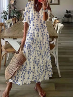 Boho Dress Women Ikat Print Ruffled V Neck Flowy Fit Lightweight