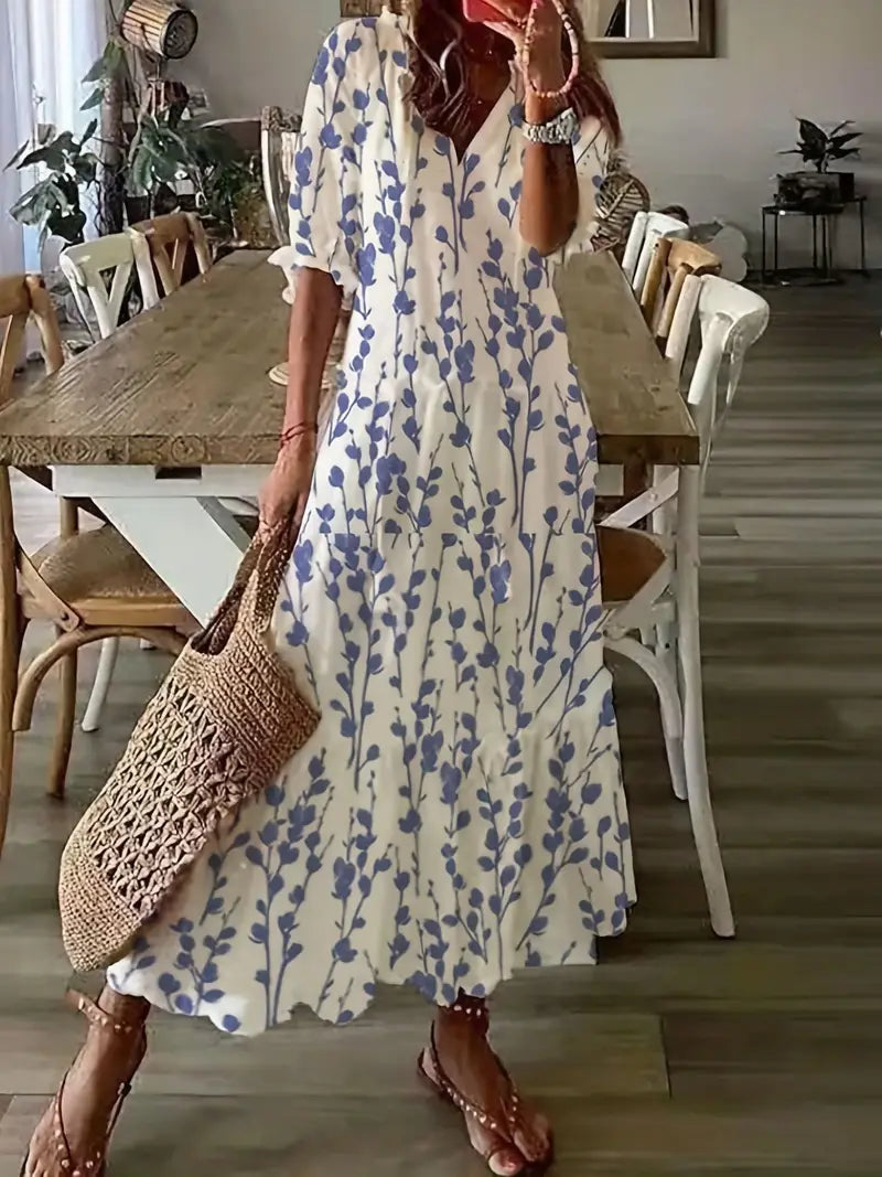 Boho Dress Women Ikat Print Ruffled V Neck Flowy Fit Lightweight