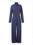 Women Denim Jumpsuit Wide Leg Long Sleeve Stand Collar Zip | Jolie