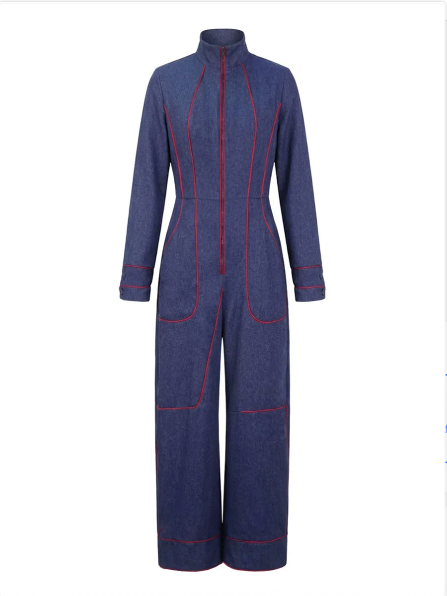 Women Denim Jumpsuit Wide Leg Long Sleeve Stand Collar Zip | Jolie