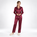 Satin Pajamas Women Two Piece Long Sleeve Collared Shirt Set