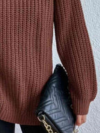 Women Ribbed Knit Turtleneck Sweater Side Slit