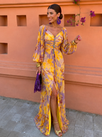 Floral Dress Women Long Sleeve Off Shoulder Pleated Flowy Maxi