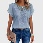 Mila | Women's Openwork Blouse | Short Sleeve, Round Neck | Loose Fit