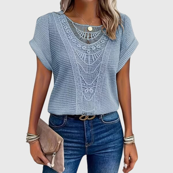 Mila | Women's Openwork Blouse | Short Sleeve, Round Neck | Loose Fit