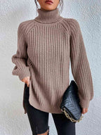 Women Ribbed Knit Turtleneck Sweater Side Slit