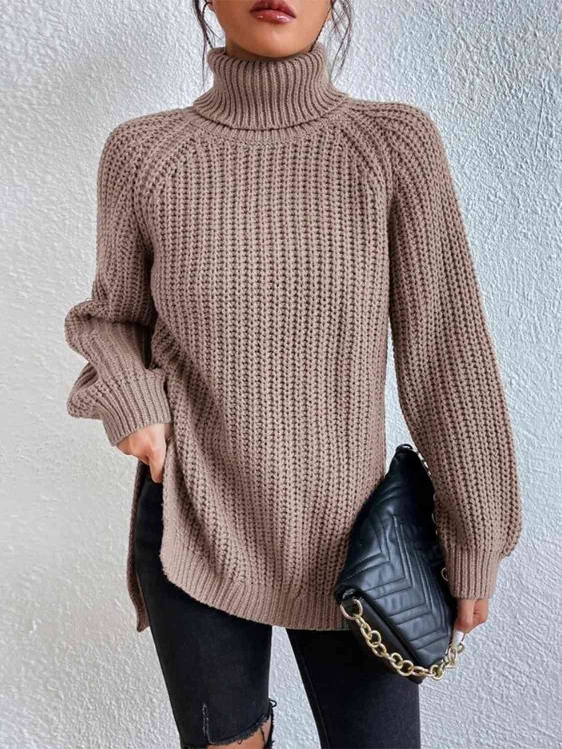 Women Ribbed Knit Turtleneck Sweater Side Slit