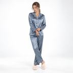 Satin Pajamas Women Two Piece Long Sleeve Collared Shirt Set