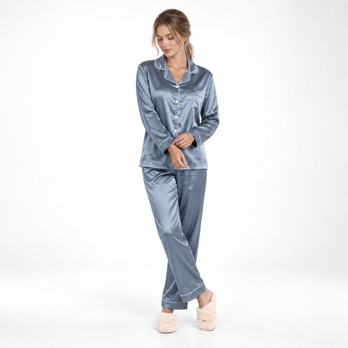 Satin Pajamas Women Two Piece Long Sleeve Collared Shirt Set