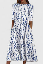 Floral Dress Women Short Sleeve Midi A Line Crew Neck Side Pockets