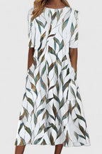 Floral Dress Women Short Sleeve Midi A Line Crew Neck Side Pockets