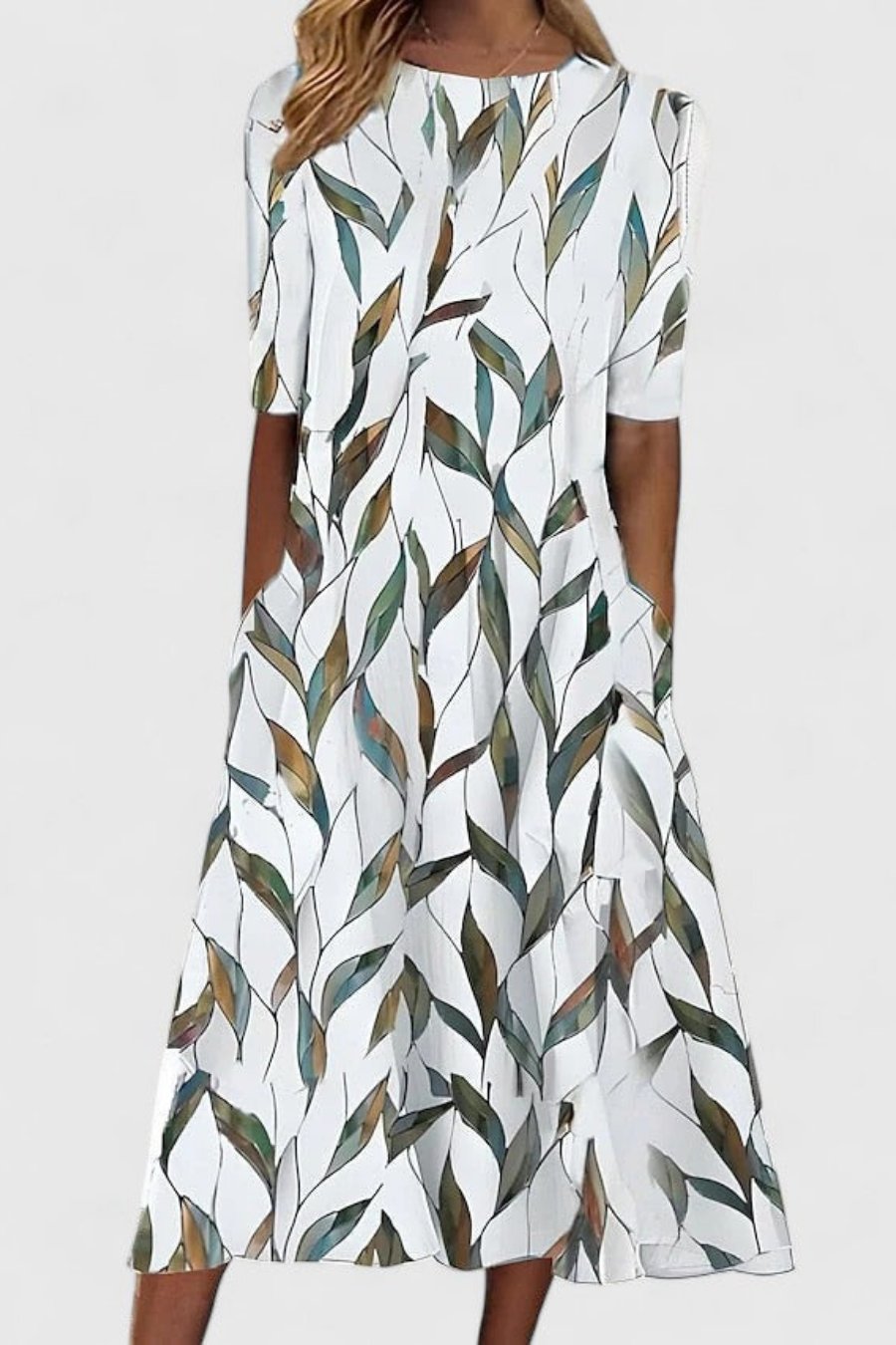 Floral Dress Women Short Sleeve Midi A Line Crew Neck Side Pockets