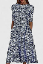Floral Dress Women Short Sleeve Midi A Line Crew Neck Side Pockets