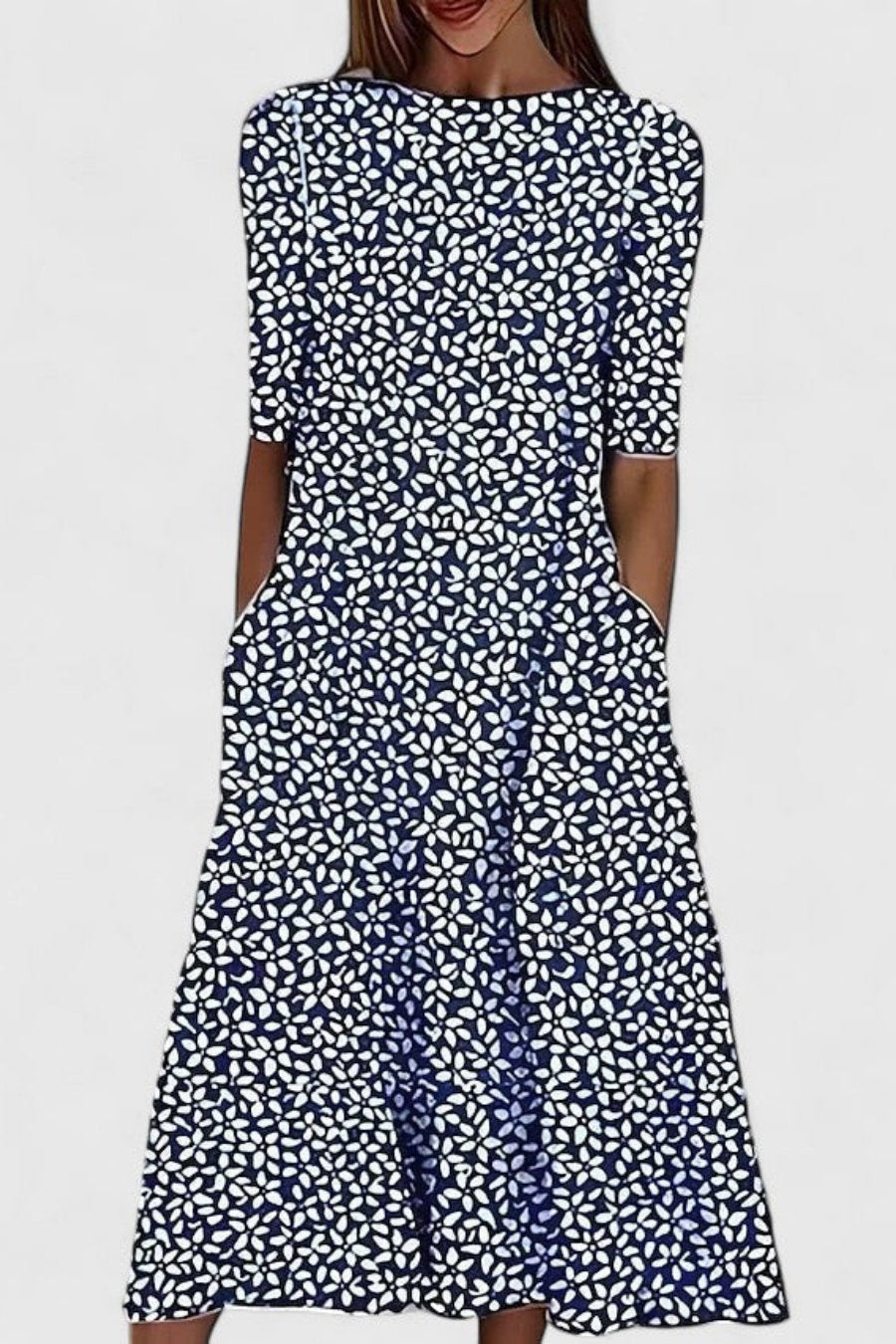Floral Dress Women Short Sleeve Midi A Line Crew Neck Side Pockets