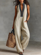Women's Linen Jumpsuit | Sleeveless, Stand Collar, Embroidered | Bexcellent