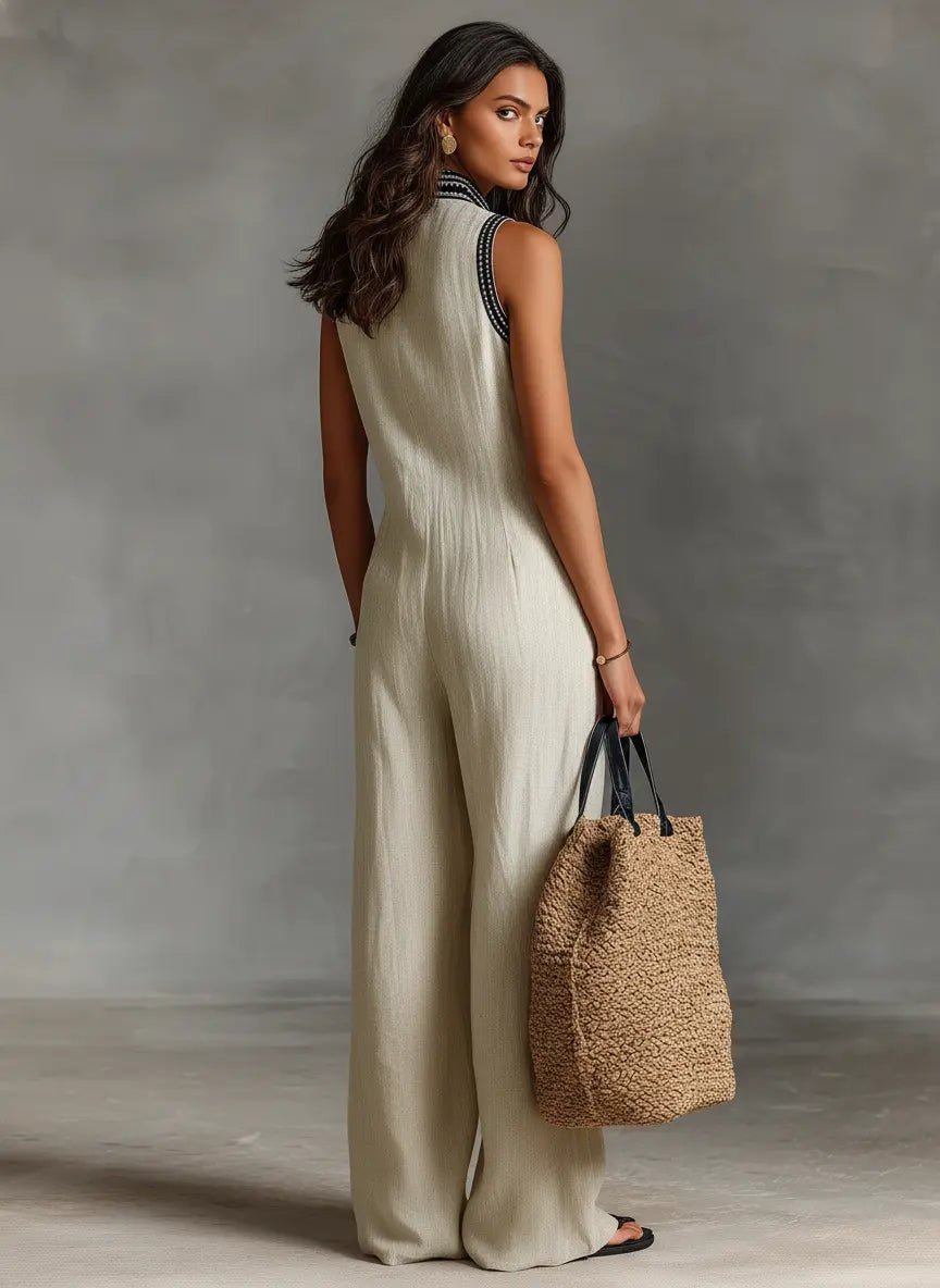 Women's Linen Jumpsuit | Sleeveless, Stand Collar, Embroidered | Bexcellent