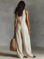 Women's Linen Jumpsuit | Sleeveless, Stand Collar, Embroidered | Bexcellent